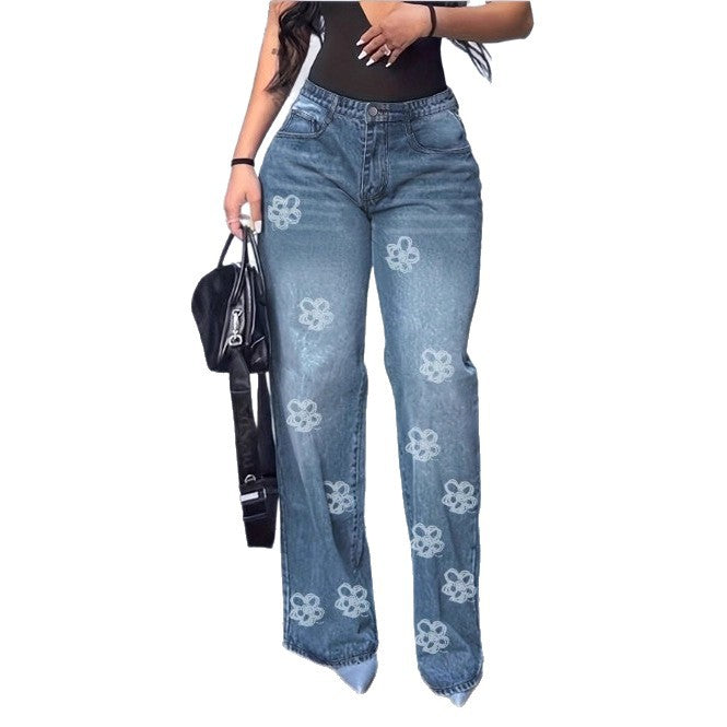 Ladies High-Waist Wide-Leg Denim Jeans with Floral Allover Embroidery Mune Fashion