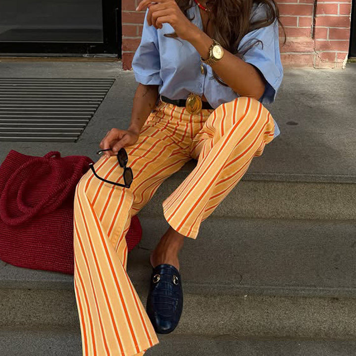 Women Wide Striped Linen Look Pants with High Waist and Straight Leg Mune Fashion