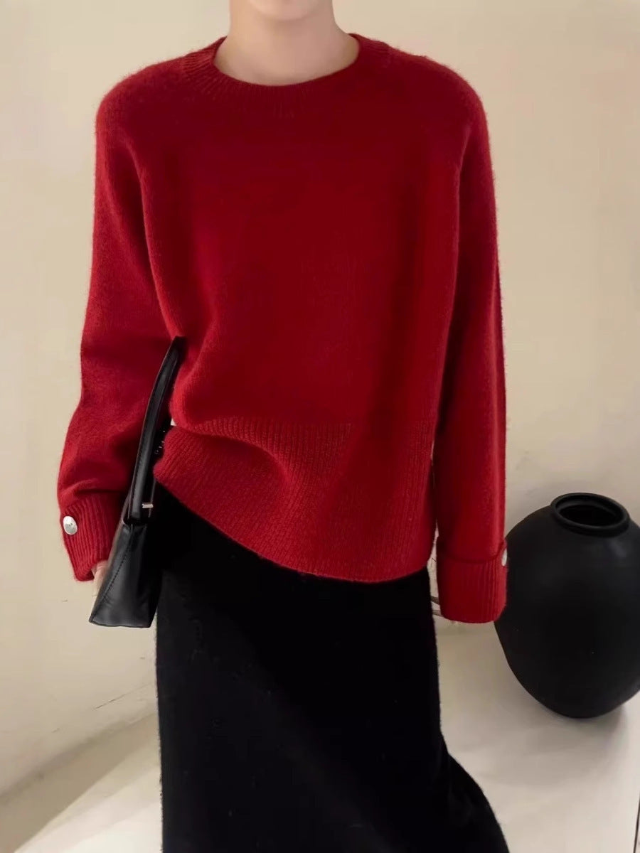 Women's Oversize Crew Neck Sweater with Extended Cuffs and Decorative Button Mune Fashion