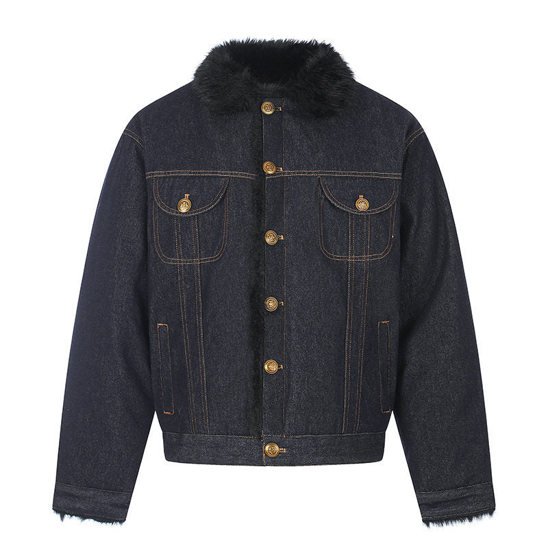 Women's padded denim jacket with faux fur collar, teddy lining and gold button details Mune Fashion
