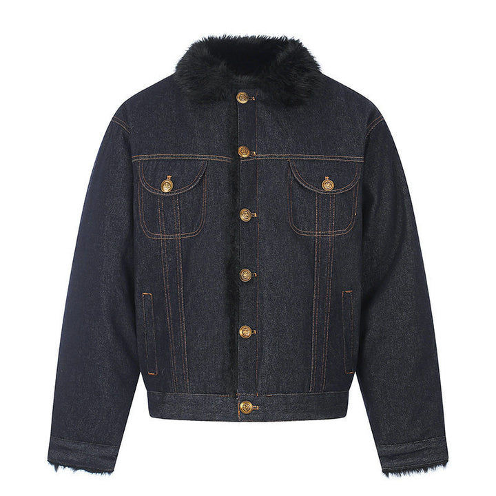 Women's padded denim jacket with faux fur collar, teddy lining and gold button details Mune Fashion