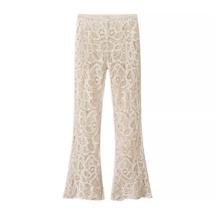 Ladies' crocheted flared pants with floral crochet pattern, elastic waistband, and partially lined inner leg Mune Fashion