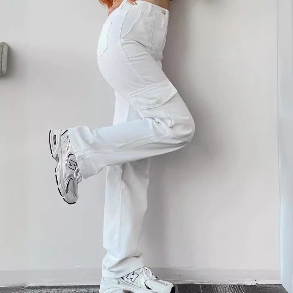 Women's cargo pants with high waist, straight leg and patch pockets Mune Fashion
