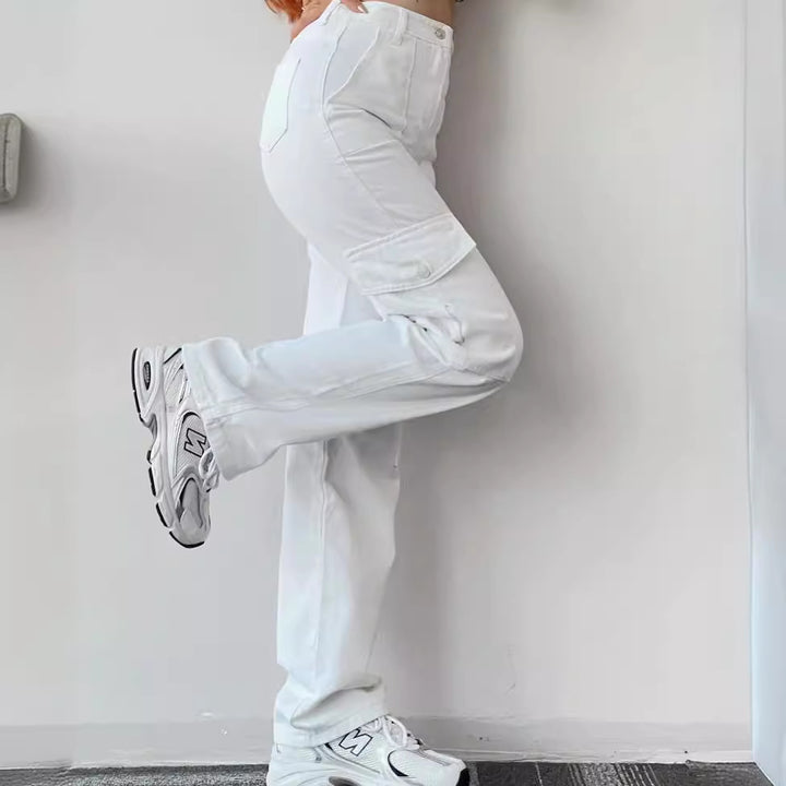 Women's cargo pants with high waist, straight leg and patch pockets Mune Fashion