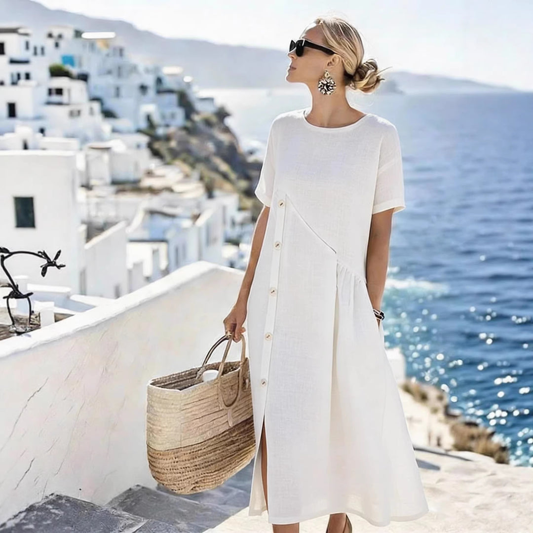 Women's Airy Summer Dress with Side Button Placket, Short Sleeves and Slit Mune Fashion