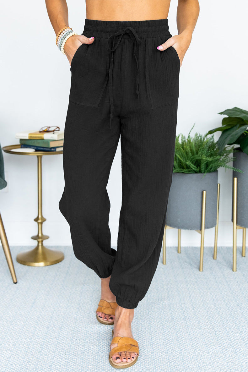 Women's Lightweight Linen Jogger Pants with Drawstring, Patch Pockets, and Elastic Cuffs Mune Fashion