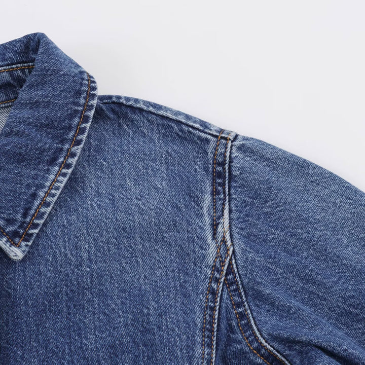 Women's Boxy Denim Jacket with Wide Sleeves, Flap Pockets and Snap Button Closure Drune