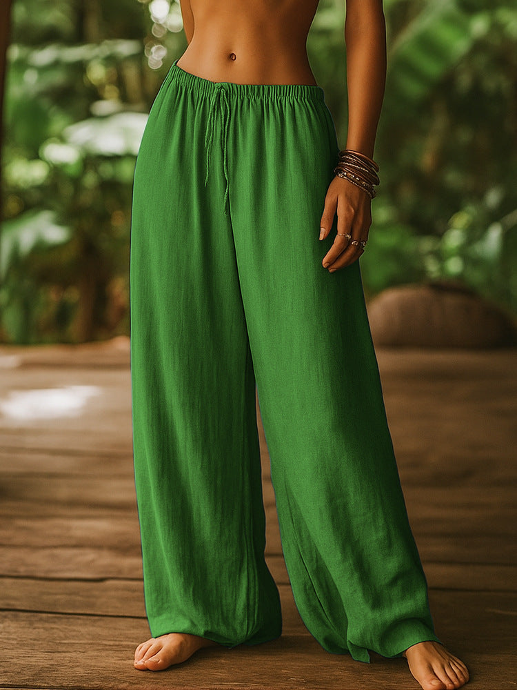 Ladies Lightweight Linen Pants with Wide Legs and Drawstring Mune Fashion