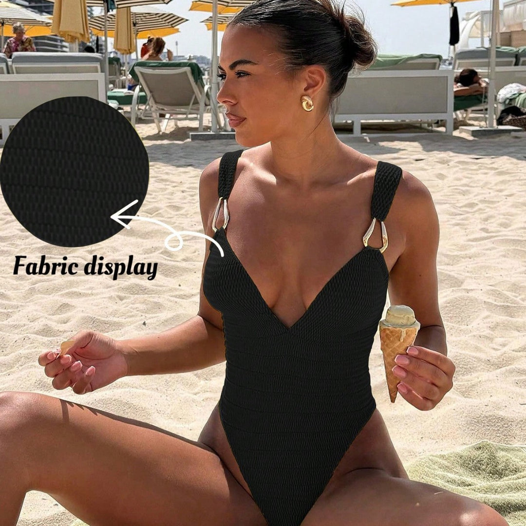 Women One-Piece Swimsuit with Elegant V-Neck and Decorative Straps Mune Fashion