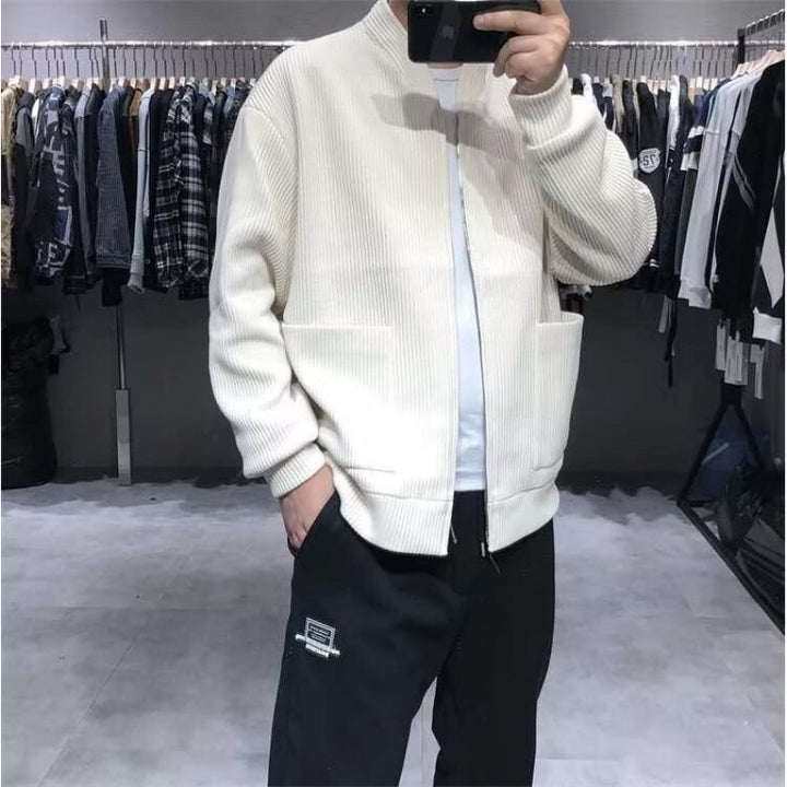 Men's Ribbed Zip Cardigan with Standing Collar and Patch Pockets Mune Fashion