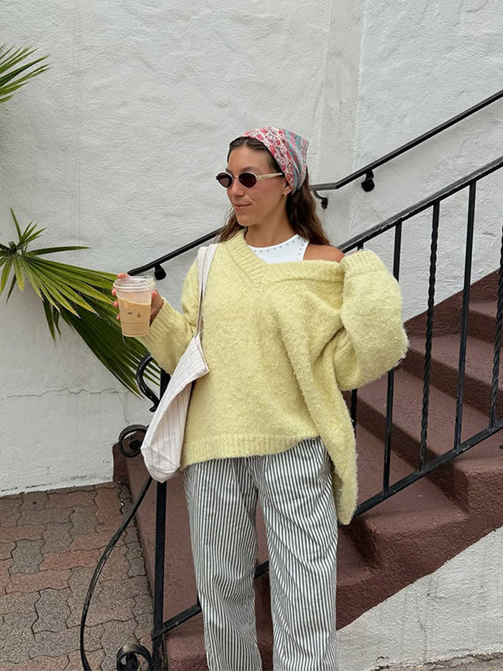 Women's Oversized Plush Sweater with Deep V-Neck and Voluminous Sleeves Mune Fashion