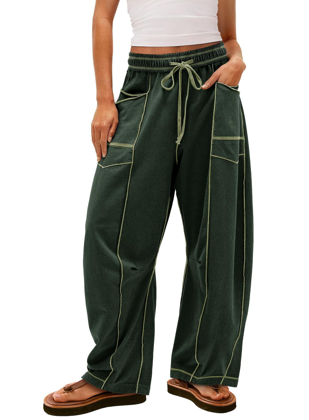 Women wide cargo lounge pants with elastic waistband and contrast seams Mune Fashion