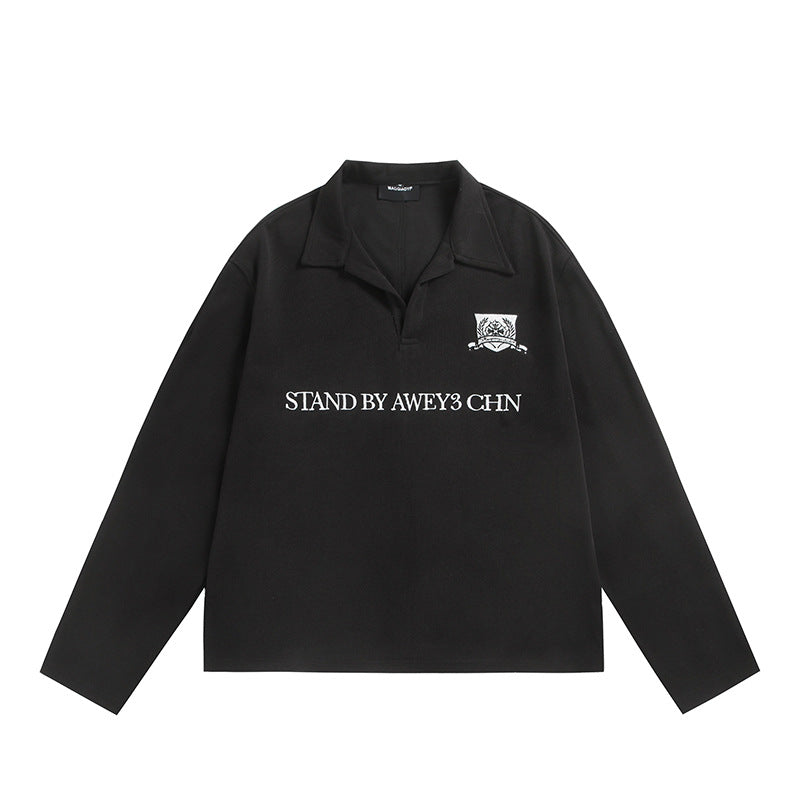 Unisex Long-Sleeve Rugby Polo with Open Kent Collar and Chest Print Mune Fashion