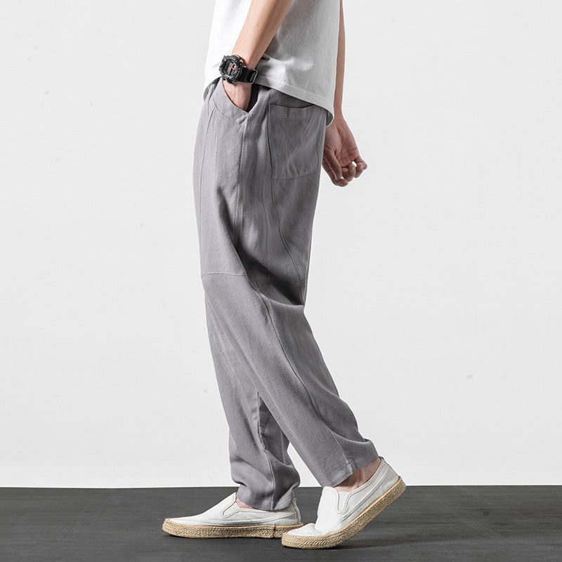 Men's Soft Linen Blend Lounge Pants with Dropped Crotch, Elastic Waistband, and Tapered Leg Mune Fashion