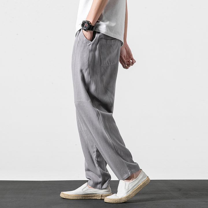Men's Soft Linen Blend Lounge Pants with Dropped Crotch, Elastic Waistband, and Tapered Leg Mune Fashion