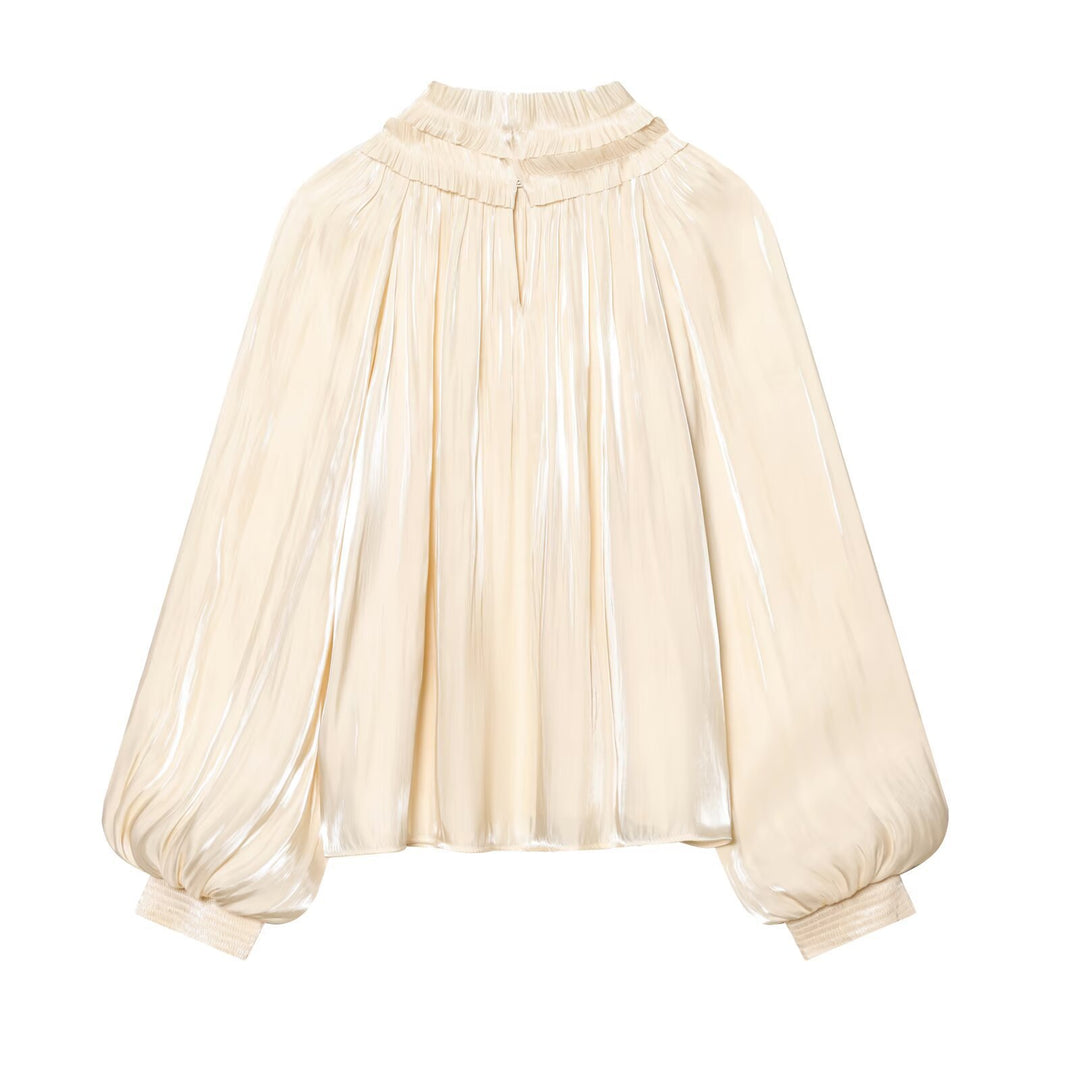 Women 20+ pleated high neck blouse with ruffled collar and balloon sleeves Mune Fashion