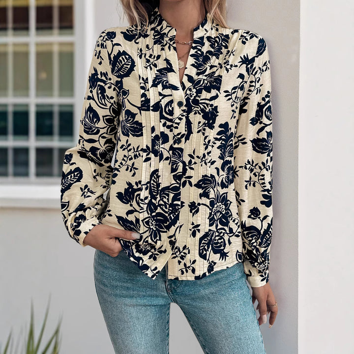 Women's Elegant Blouse with Floral Pattern Mix and Stand Collar Mune Fashion