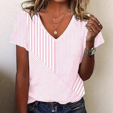 Women striped V-neck blouse with asymmetrical stripe mix and short sleeves Mune Fashion