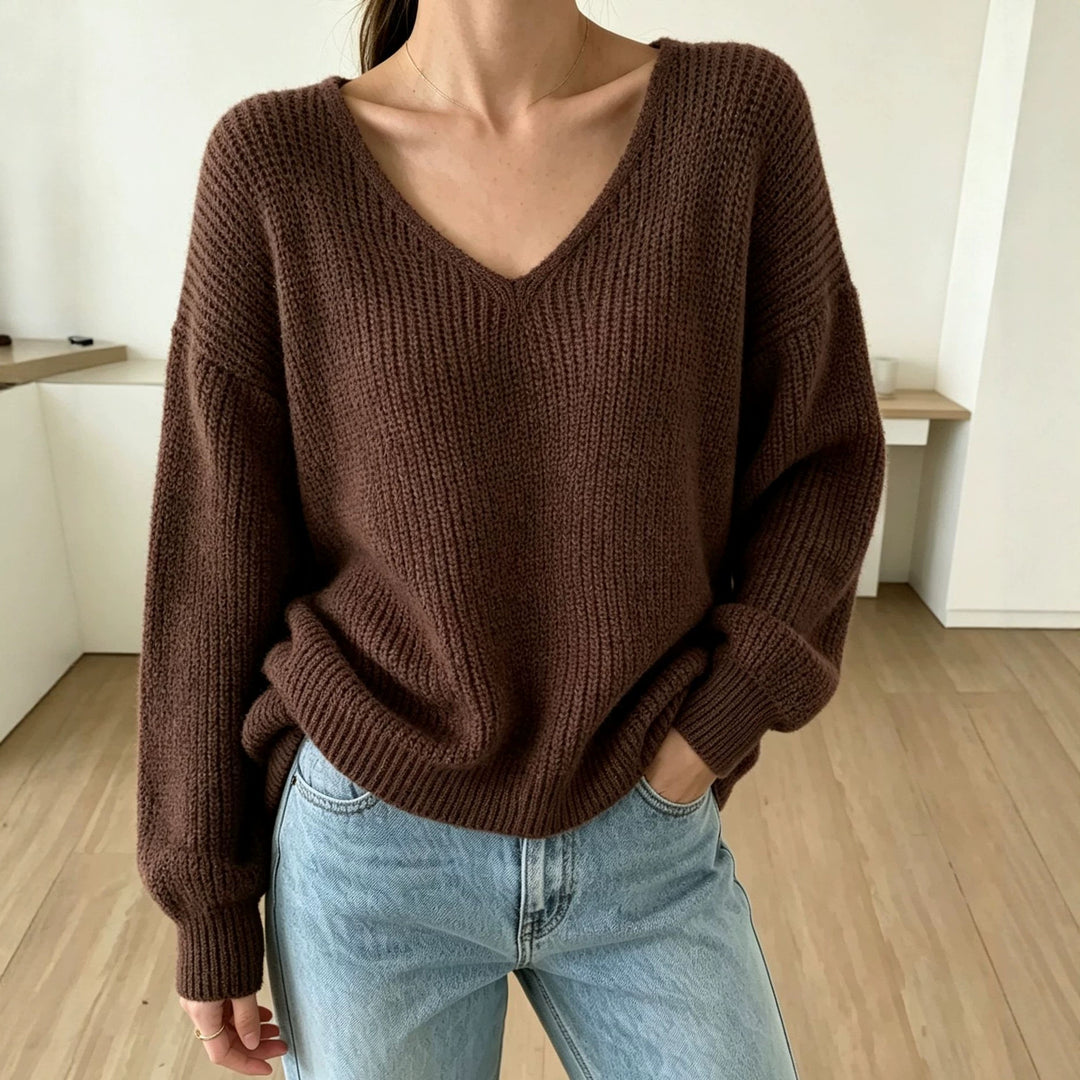 Women's Casual Boxy Chunky Knit Sweater with V-Neck and Ribbed Cuffs Mune Fashion