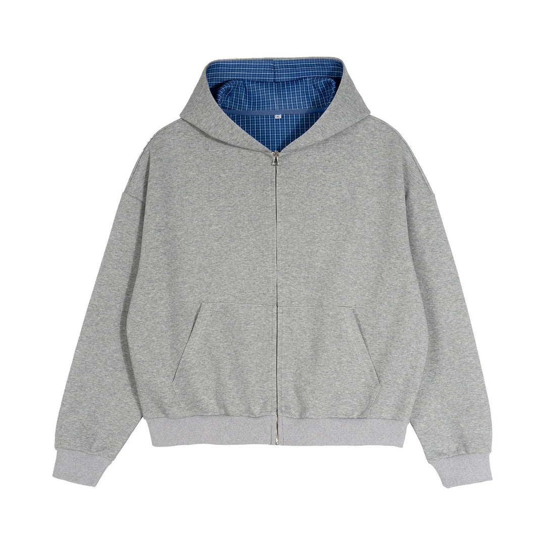 Unisex short cut oversized hoodie jacket with full zip, checkered lined hood and kangaroo pocket Mune Fashion