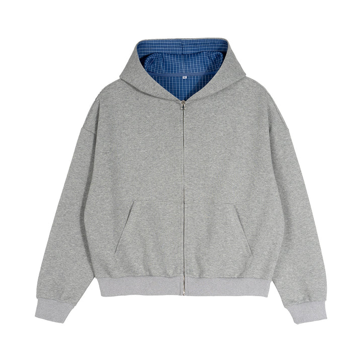 Unisex short cut oversized hoodie jacket with full zip, checkered lined hood and kangaroo pocket Mune Fashion