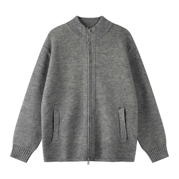 Women Oversized Knit Zip Jacket with Stand-Up Collar and Two-Way Zipper Mune Fashion