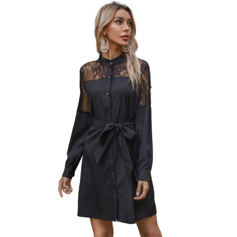 Women Elegant Shirt Dress with Lace Sleeves Mune Fashion