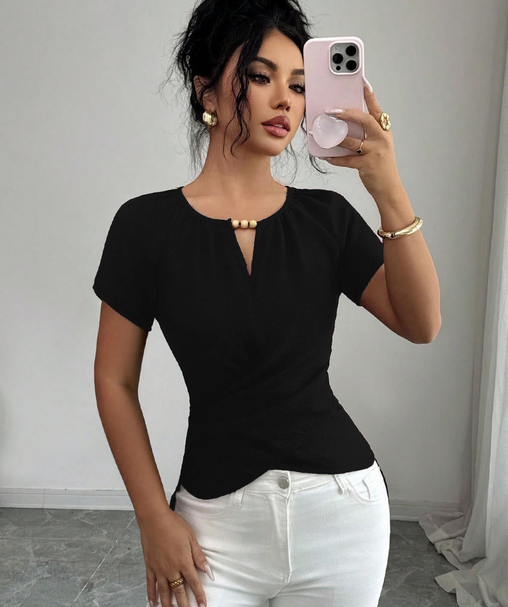 Women's Tailored Linen Look Top with Keyhole Opening, Bead Detail and Draping Mune Fashion