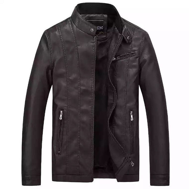 Men's Slim-Fit Faux Leather Jacket in Biker Style with Stand Collar and Vertical Decorative Seams Mune Fashion