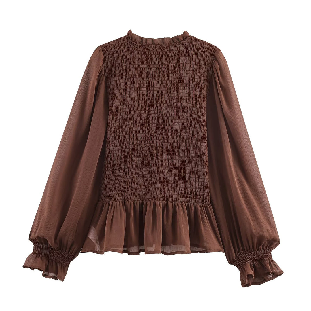 Women's chiffon blouse with smocked bodice, voluminous balloon sleeves, and ruffled collar Mune Fashion
