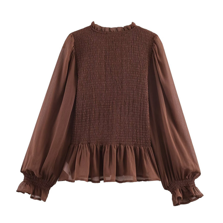 Women's chiffon blouse with smocked bodice, voluminous balloon sleeves, and ruffled collar Mune Fashion