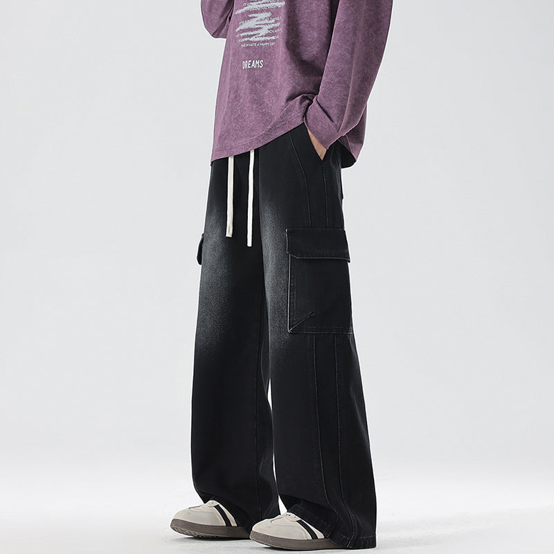 Men's Stonewashed Denim Cargo Palazzo with Extra Wide Legs and Visible Decorative Stitching Mune Fashion