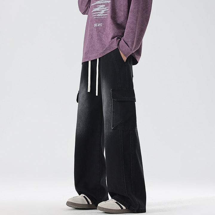 Men's Stonewashed Denim Cargo Palazzo with Extra Wide Legs and Visible Decorative Stitching Mune Fashion