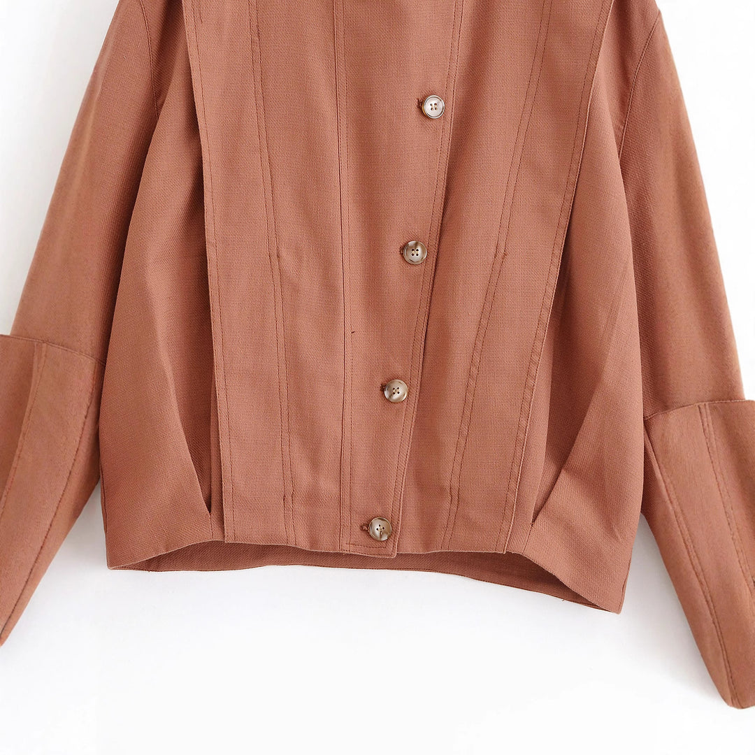 Women's Boxy Transitional Jacket with Round Neck, Decorative Stitching and Visible Button Placket Mune Fashion