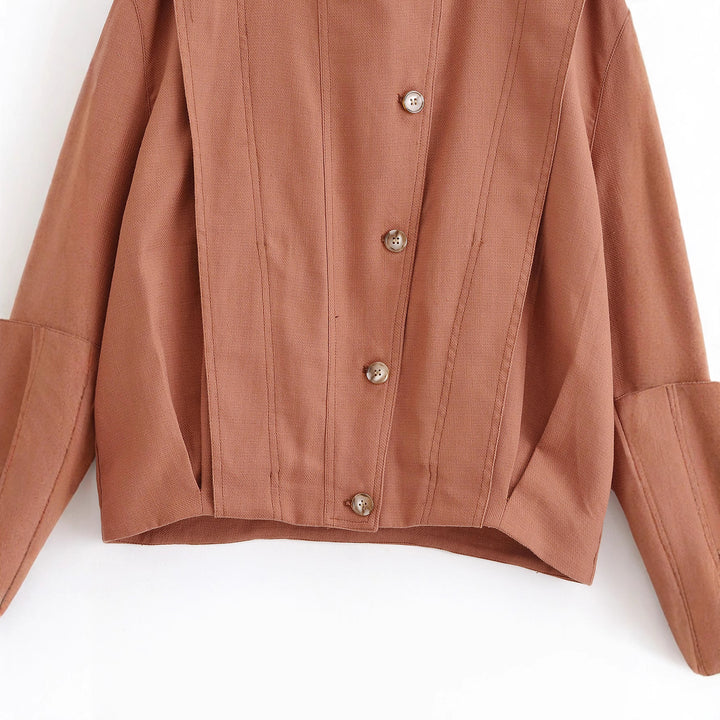 Women's Boxy Transitional Jacket with Round Neck, Decorative Stitching and Visible Button Placket Mune Fashion
