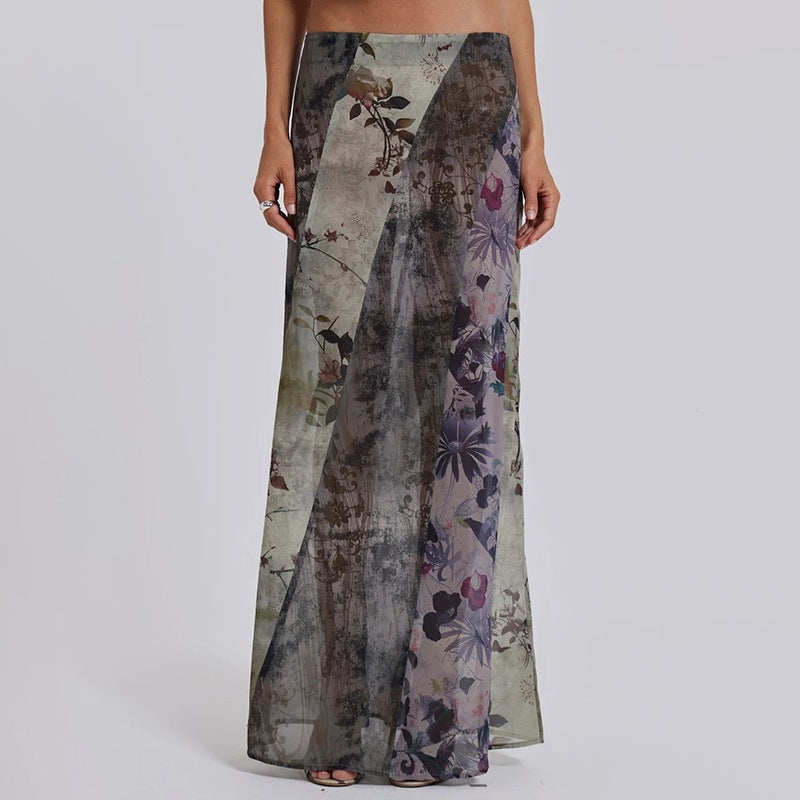Women's Long Maxi Skirt with Diagonal Patchwork Prints and Slim A-Line Mune Fashion