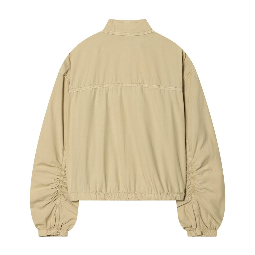 Women's Cropped Bomber Jacket with Stand-Up Collar, Snap Button Placket and Gathered Sleeves Mune Fashion