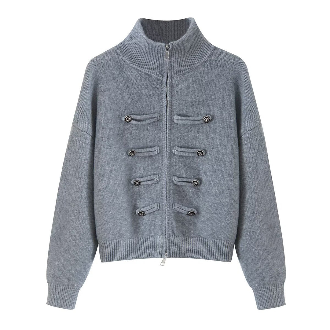 Ladies cardigan with stand-up collar, zipper and decorative knot trims Mune Fashion