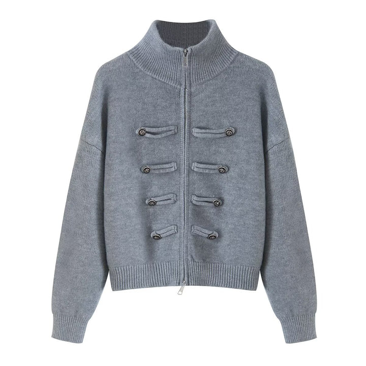 Ladies cardigan with stand-up collar, zipper and decorative knot trims Mune Fashion