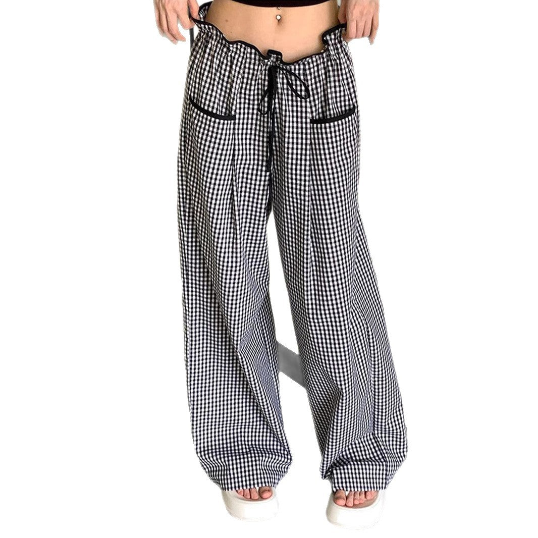 Women's wide Vichy pants with high smocked waist, drawstring, and patch pockets