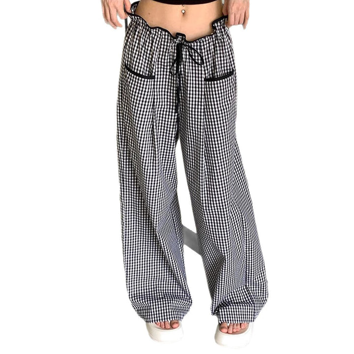 Women's wide Vichy pants with high smocked waist, drawstring, and patch pockets