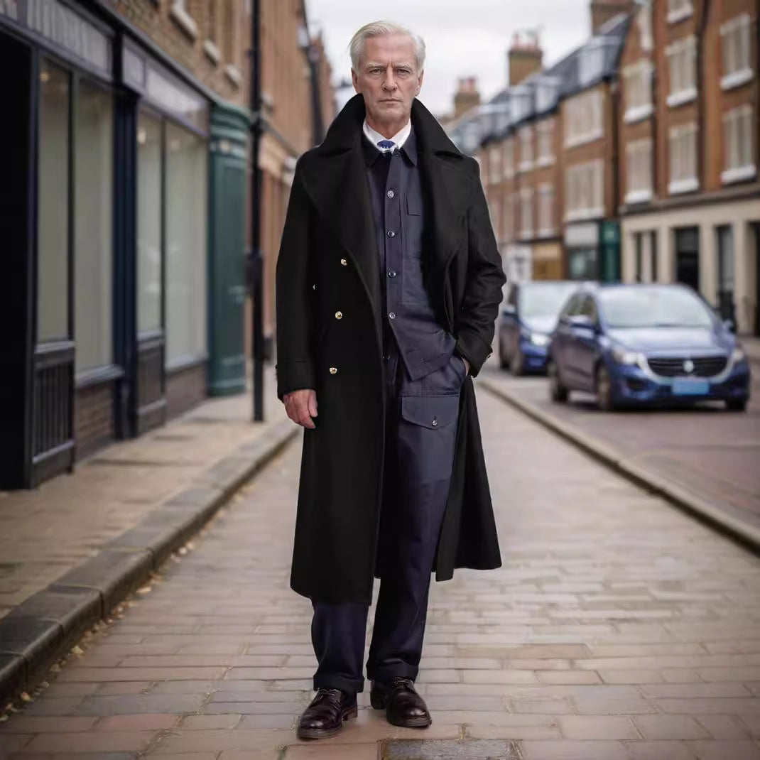 Men's longline coat in military look with wide shawl collar and striking decorative buttons Mune Fashion