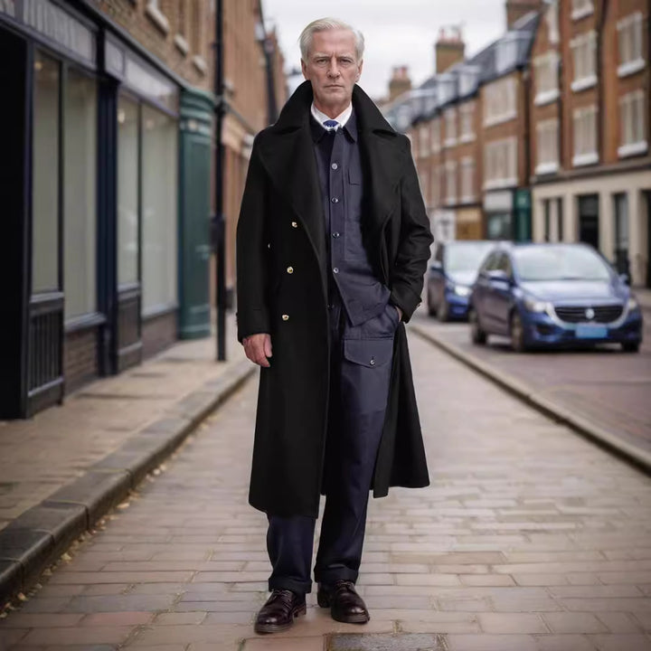 Men's longline coat in military look with wide shawl collar and striking decorative buttons Mune Fashion