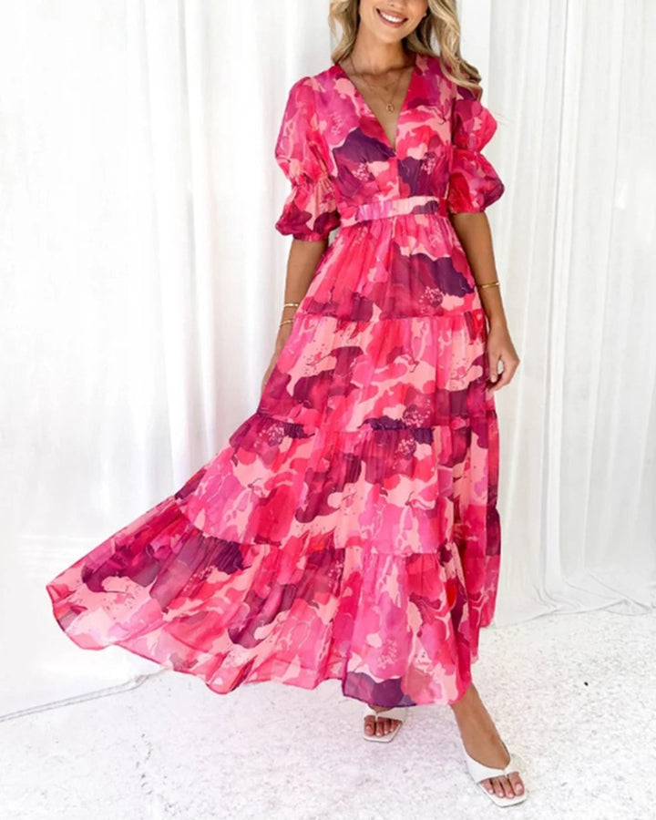 Ladies multi-layered maxi dress in ruffle tiered look with V-neck and gathered empire waist Mune Fashion