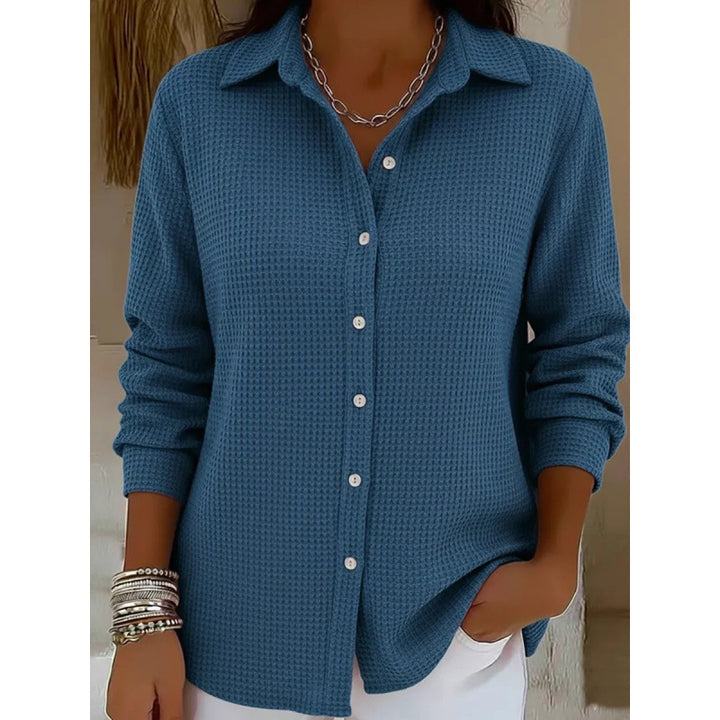Women's Structured Shirt Blouse in Waffle Knit with Classic Collar and Continuous Button Placket Mune Fashion