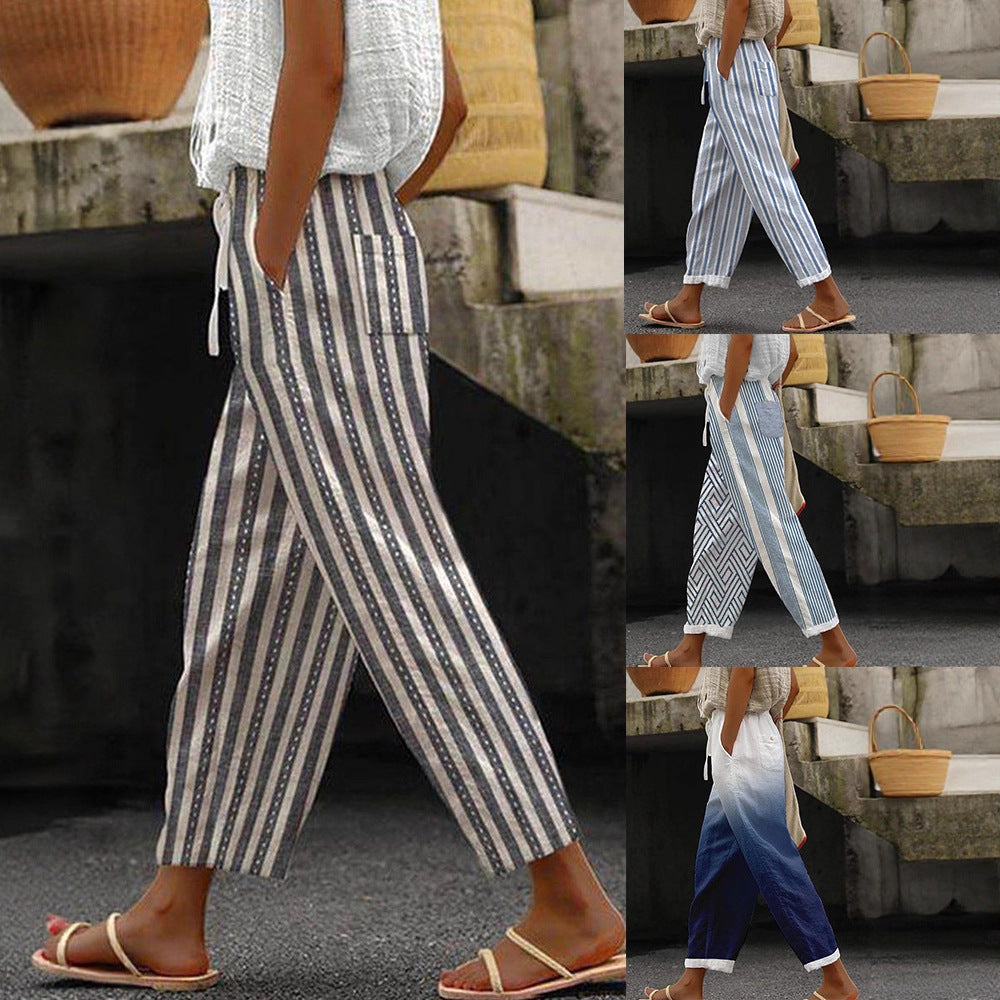Women's Wide Linen Pants with Striped Pattern Mune Fashion