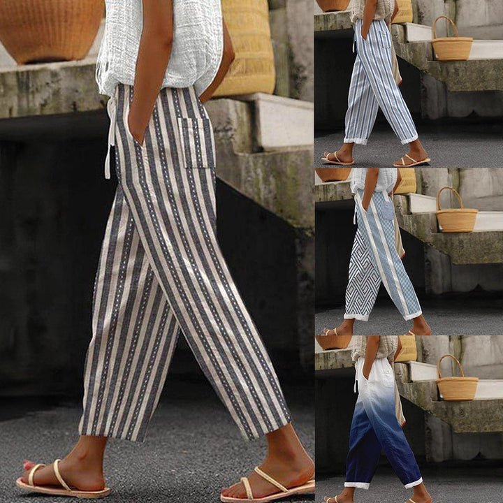 Women's Wide Linen Pants with Striped Pattern Mune Fashion