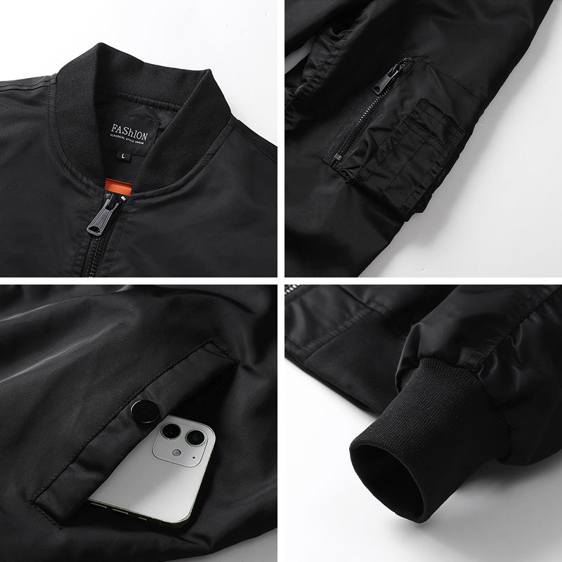 Men's Windproof Nylon Bomber Jacket with Zipper Arm Pocket and Ribbed Cuffs Mune Fashion