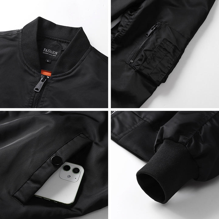 Men's Windproof Nylon Bomber Jacket with Zipper Arm Pocket and Ribbed Cuffs Mune Fashion