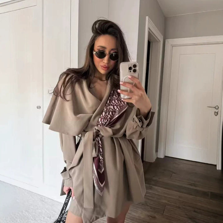 Women's Short Asymmetrical Wrap Coat with Ruffle Overlay and Tie Belt Mune Fashion